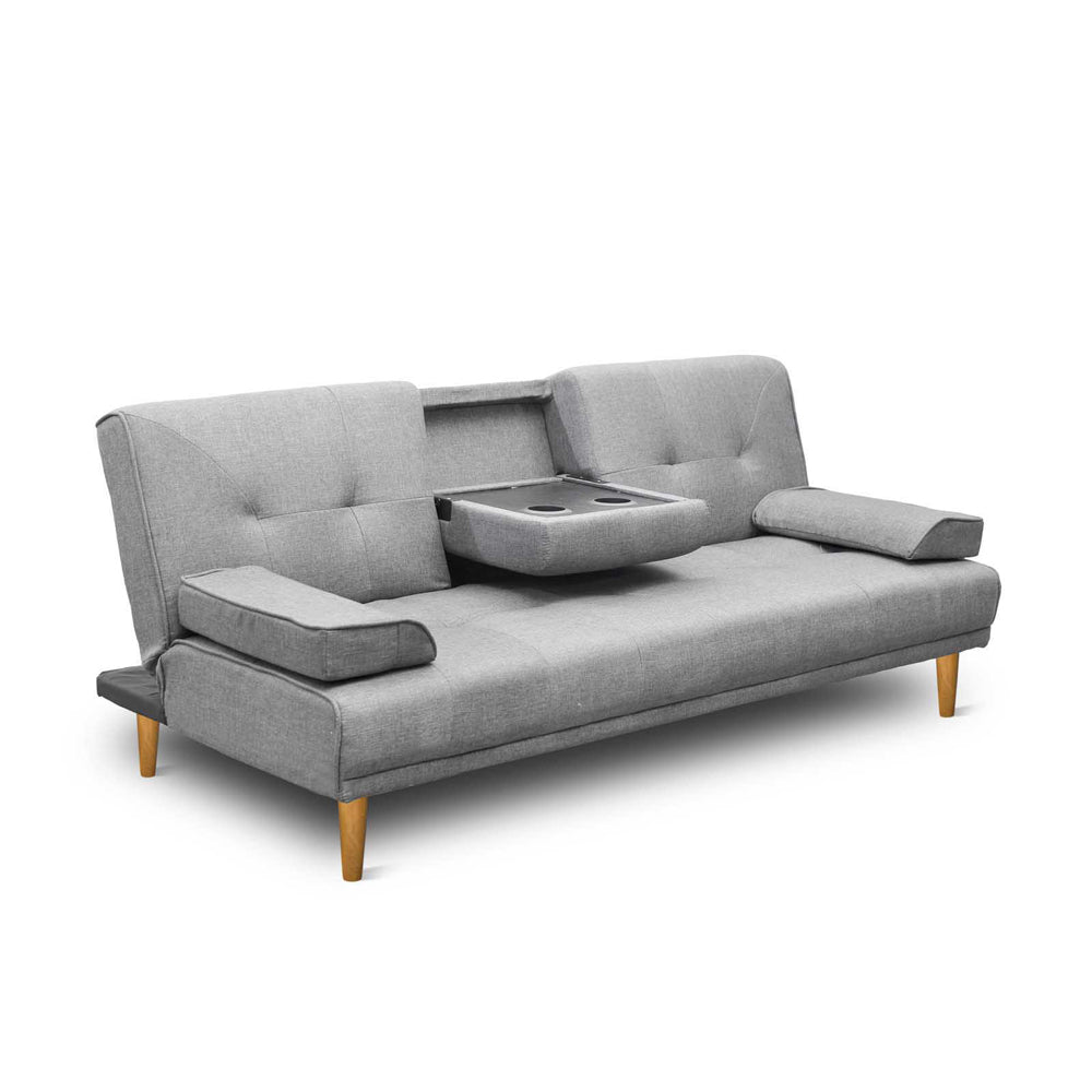 A 3-seater Artiss sofa bed with grey faux linen upholstery, featuring thick cushions, adjustable backrest, and wooden legs.