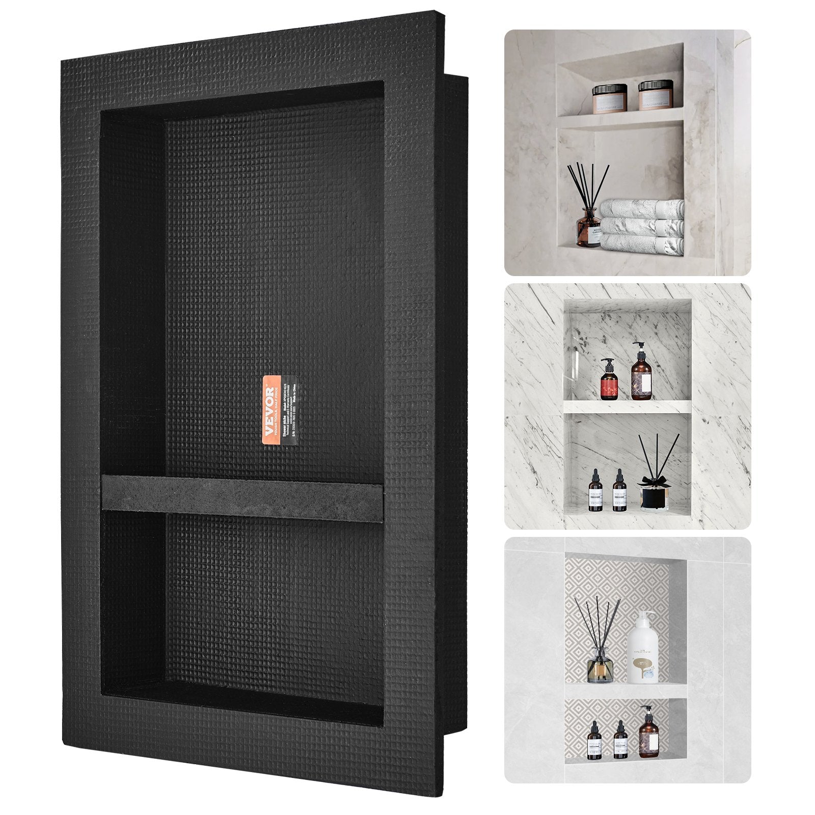 VEVOR Shower Niche Ready for Tile 40.64 x 60.96 cm, 16 x 24 inch Double Shelf Organizer, Square Corners Wall-inserted Niche Recessed, Sealed Protection Modern Soap Storage Niche for Shower Bathroom, Black