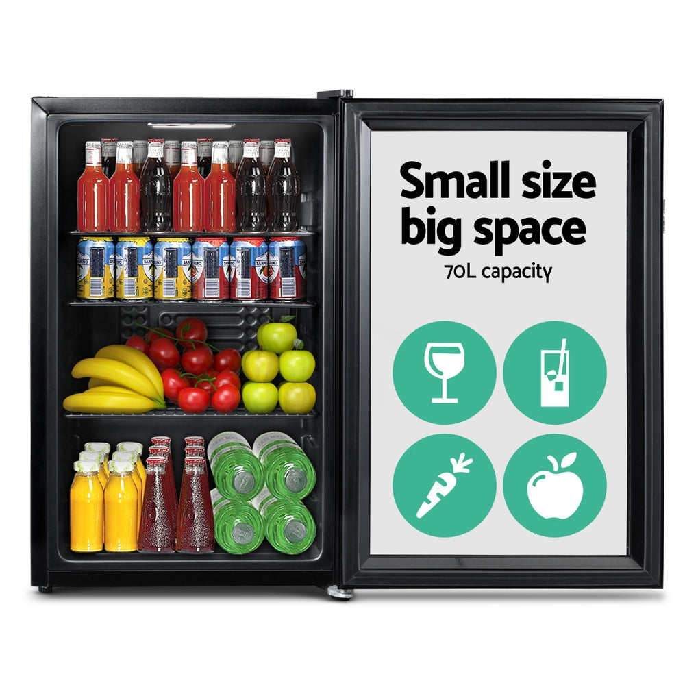 70L Bar Fridge Glass Door w/Light Black