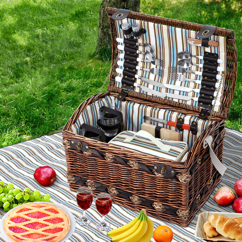 Alfresco 4 Person Picnic Basket Set Wooden Blanket Cooler Bag Outdoor Insulated
