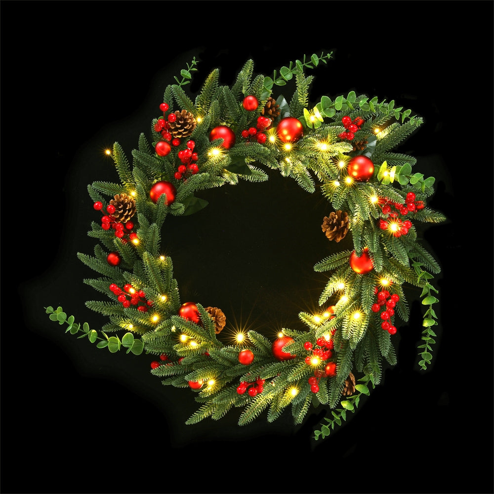 Jingle Jollys Christmas Wreath 60CM LED Garland Berries Pine Cones Party Decor