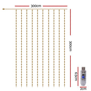 Jingle Jollys 3X3M Christmas Lights Curtain String Light 300 LED Warm White